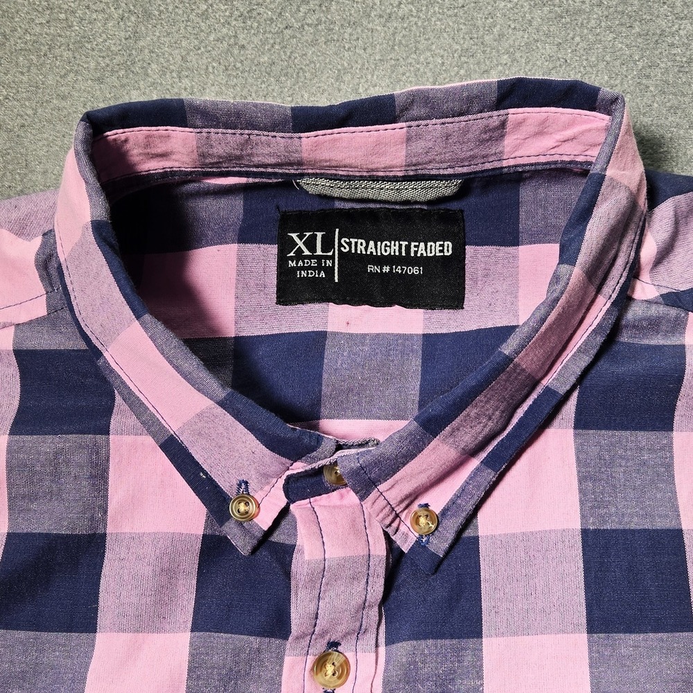 Straight Faded Men's XL Shirt Pink Navy Blue Buffalo‎ Check Long Sleeve Cotton